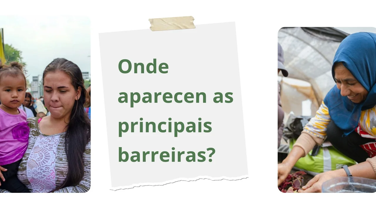 Diapositiva da presentación coa pregunta «Onde aparecen as principais barreiras?», acompañada de dúas fotografías: unha muller cunha nena en brazos e unha muller traballando nun invernadoiro