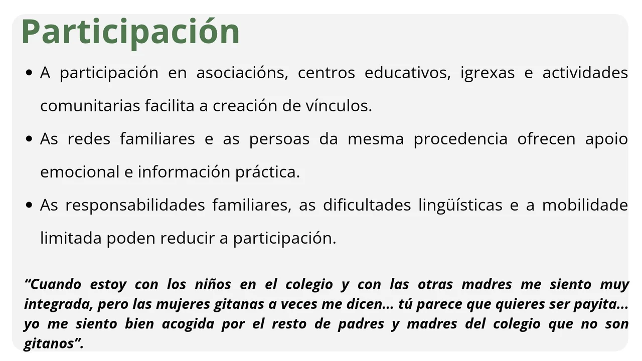 Diapositiva titulada «Participación»: a participación en asociacións, centros educativos, igrexas e actividades comunitarias facilita a creación de vínculos; as redes familiares e as persoas da mesma procedencia ofrecen apoio emocional e información práctica; as responsabilidades familiares, as dificultades lingüísticas e a mobilidade limitada poden reducir a participación